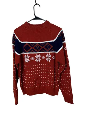 JCPenney Red/Orange Navy White Snowflake Fair Isle Mock Neck Sweater Size M Red Size M