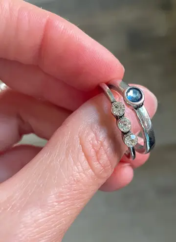 Stackable Silver Tone Rings Blue Stone Clear Crystal Stacking Set Y2K Chunky