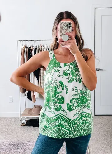 Tibi Green White Floral Silk Tank Top