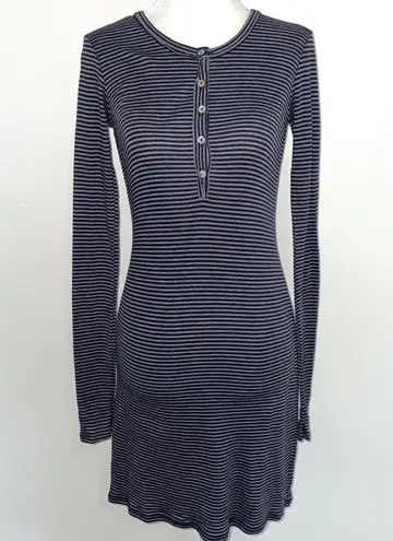 LA Made New Striped Ribbed Knit Long Sleeve Henley Mini Dress Navy Grey