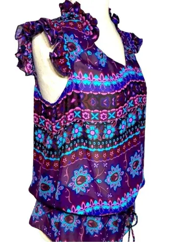 Ali & Kris sheer blue & purple floral, ruffled top / S / Excellent condit…