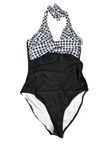 Womens Swimsuit Large Black and White Gingham Halter Tie Deep V Neck One Piece