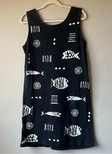 Cotton Fields Mac Black Fish Stencil Print Maxi Sleeveless Dress lagenlook Art Size L