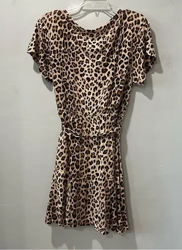 Rebecca Taylor Leopard Print Short Sleeve Dress 100% Linen Size Large