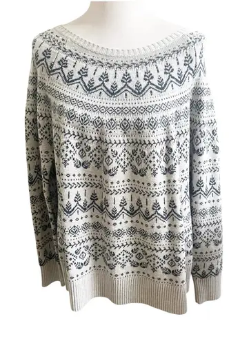 Garnet Hill Fair Isle Sweater Merino Wool Gray Blue Nordic Knit Women's Large