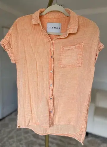 Lola River Gauze Peach Shirt Cotton Button Up Collared Beach Resort Coastal Boho Orange Size L - Image 1