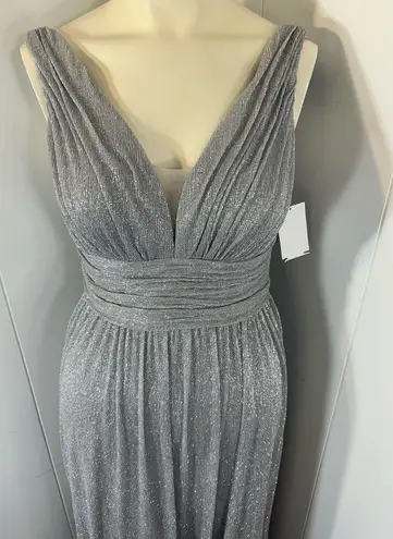 Eliza J  NWT Womens Silver Glitter Ruched Pleated  Spaghetti Strap Prom Dress 4