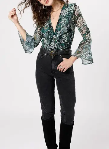 Band Of The Free New Floral Flare Long Sleeve Bodysuit Black Emerald Size Medium