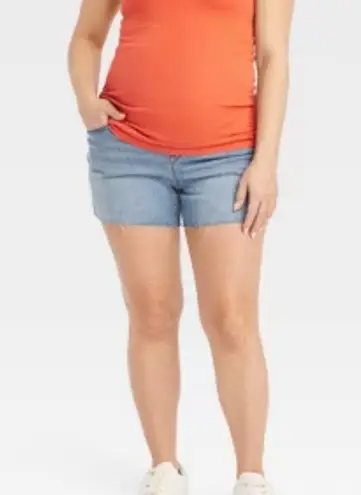 Isabel Maternity Medium Wash Raw Hem Midi Shorts 4 Cross over panel 4.5” inseam Blue Size undefined