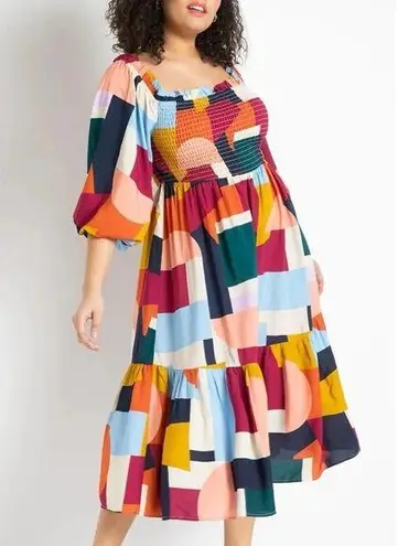 Eloquii New Eloquiii Abstract Long Sleeve Smocked Square Neck Ruffle Maxi Dress Size 26