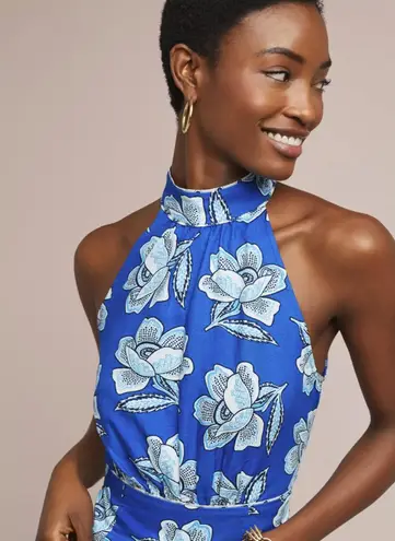 Maeve by Anthropologie Linen Blend Blue Floral Alyssa Halter Top - Size - 14