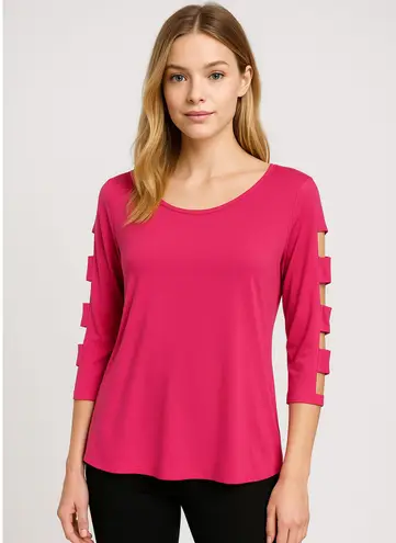 Clara Sun Woo Tunic Top Size Medium 3/4 Cut Out Sleeves Pink Stretch Artsy USA