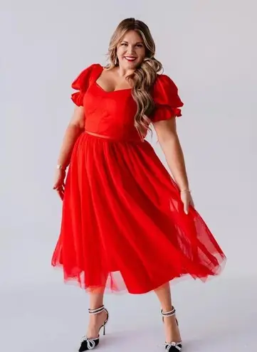 NWT Ivy City Co. Ballerina Midi in Red Tulle Puff Sleeve Fit & Flare Dress M Size M