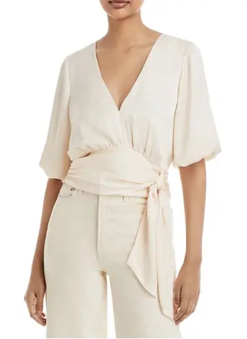 Ramy Brook Womens Smocked Balloon Sleeve V Neck Self Tie Waist Wear To Work Top