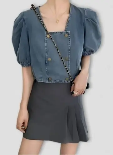 Cenzo Denim Cropped Top Puff Sleeve Light Blue