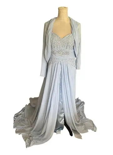 JJ's House 2Pc Formal Gown Open Jacket Beaded Bust Padded Bra Boning Train READ Blue Size L