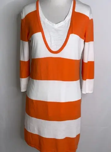 Tommy Bahama  Orange White Striped Deep Plunge V Tunic Stretch Knit Top Small