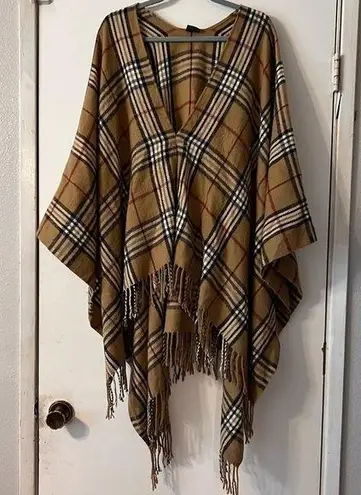 V. Fraas  Plaid Check Checkered Poncho Wrap Fringe Cozy Wrap Warm Oversized