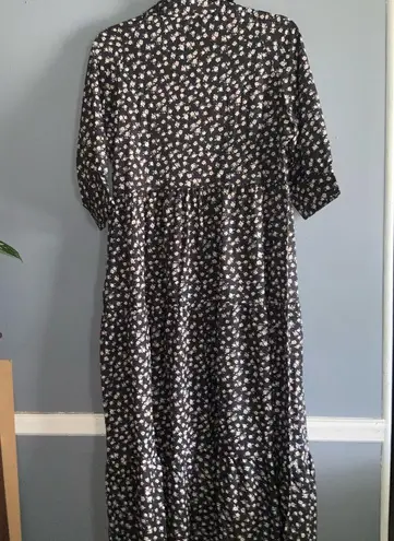 Prairie Midi Short Sleeve Flowy Peach & White Floral Black Button Front Dress L Size L