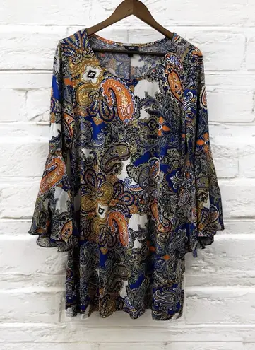 MSK Dress Womens Paisley Bell Sleeve Boho Short Stretch Flowy Sheath Dress Large