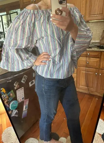 See By Chloe Off the Shoulder Striped Linen Top