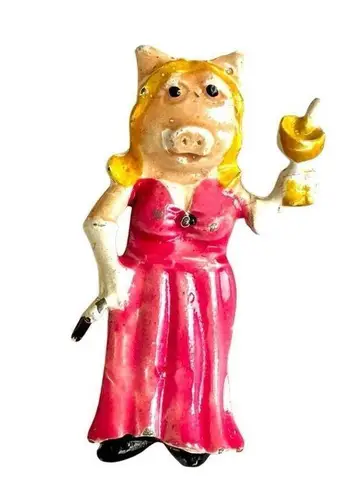 Vintage Miss Piggy Enamel Gown & Champagne Glass Pin Pink
