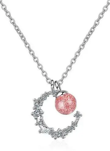 Sterling Silver 925  crescent strawberry crystal necklace women's high-end light luxury 2023 new style peach blossom clavicle chain ins lettering