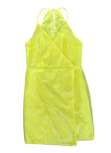LULUS Brightest Idea Neon Yellow Sequin Bodycon Mini Wrap Dress Party Club Sz S