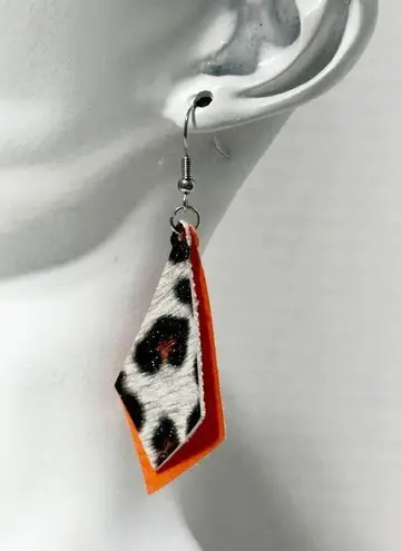 Leopard Print Vegan Leather Dangle & Crystal Round Earrings Orange Black 2 Pairs