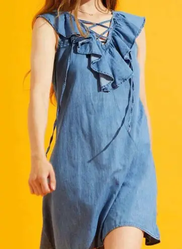 Ethereal boutique Lace Up Frill Neck Chambray denim Dress sz small