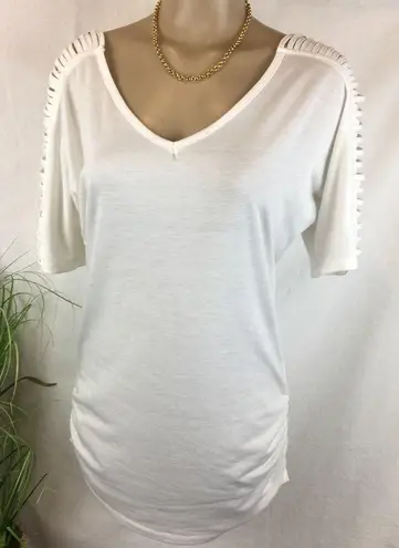 Venus  White V Neck Gold Cutout Strappy Sleeve Short Sleeve Tee T Shirt L