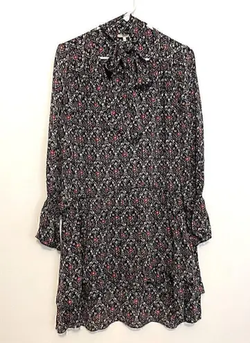 Joie Jamira Dress Black Blue Red Floral Tie Neck Bow Asym Ruffle SILK Mini
