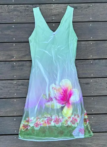 RARE Vintage Y2K Just in Time Green w/ Pink Floral Mini Dress w/ Mesh Overlay Size L