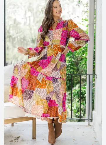 FATE. Women's Medium Happy For You Patchwork Midi Dress Fuchsia Pink Boho