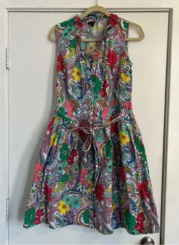 Talbots sleeveless tank dress multicolor paisley print button front modest prep