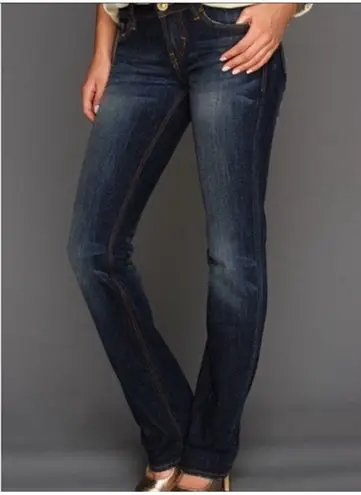 MEK USA WILSHIRE STRAIGHT LOW RISE FLARE LEG DARK WASH TOP STITCHING EMBROIDERED Blue Size 31