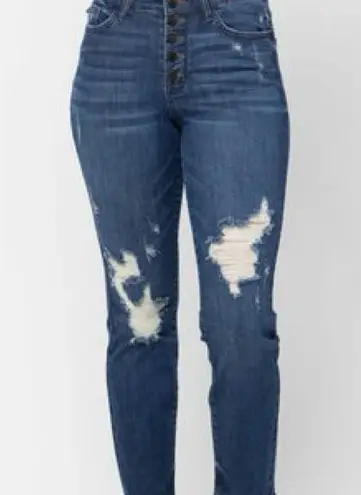 Judy Blue Button Fly Distressed Boyfriend Jeans - Dark Blue Size 7/28