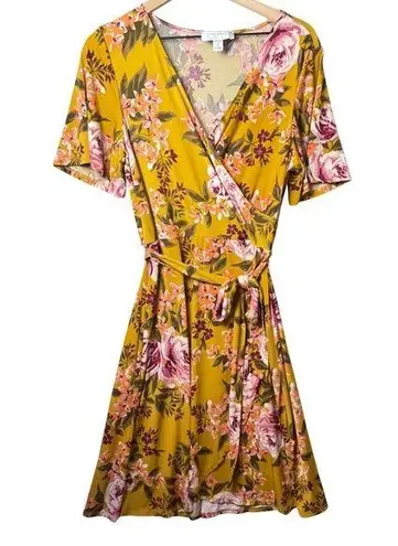 Donna Morgan Women’s Floral Print Yellow Dress Belted size 14