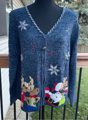 Tiara International Vtg Tiara Ugly Christmas Sweater Cardigan Women’s Large Santa Rudolph Holiday