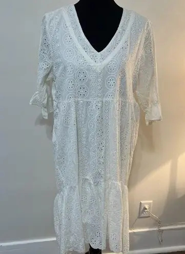 Fairhope Women White Eyelet Dress Tiered Ruffle Hem Maxi Dress Boho Beachy Large