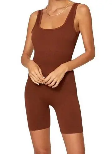 We Wore What Ribbed Bodysuit Playsuit Stretch Romper Brown One Piece