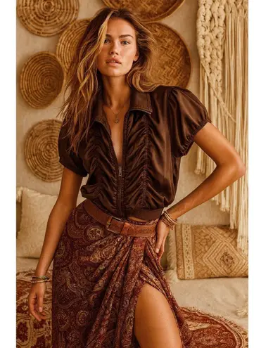 Ashley Stewart Y2K Brown Silk Bomber Top Romantic Fall Soft Grunge Layering 18