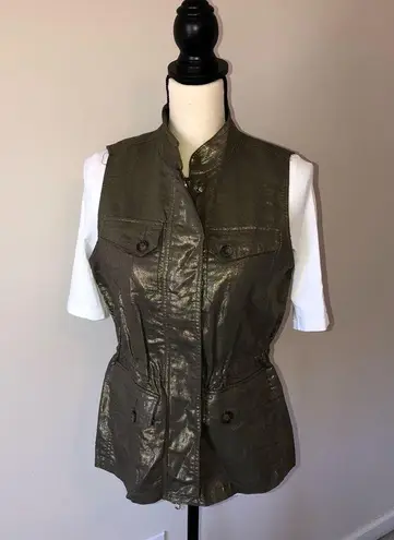 Chico's Metallic Foiled Linen Utility Cargo Vest Olive Green Gold Size 0 Small 4