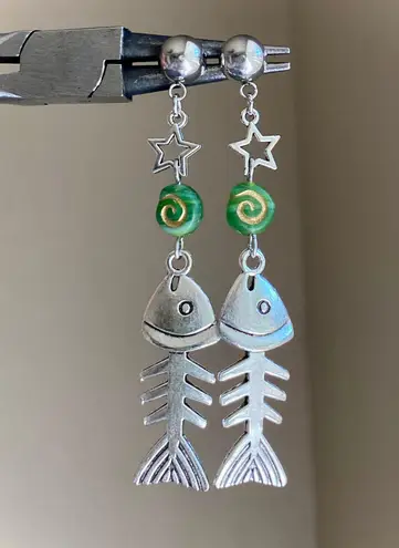 Handmade fish bone boho funky unique dangle earrings🌀🐟💙