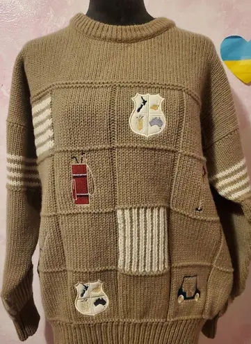 Snowy Peak 100% Wool Sweater with Embroidered Patches Tan Size XL