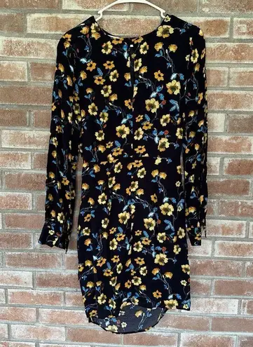ASTR The Label Tie Front Long Sleeve Dress Navy Floral Size Medium Blue
