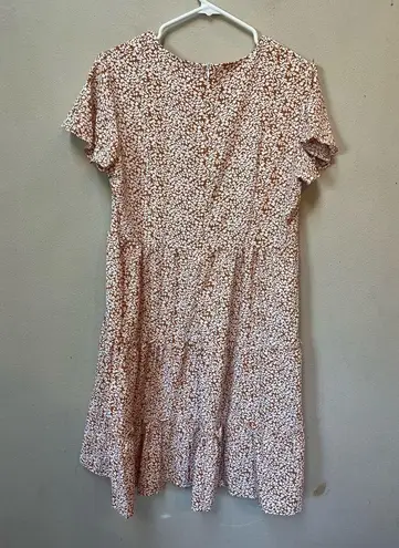 Beachsissi Women’s Orange Brown White Floral Boho Ruched Short Sleeve Dress L