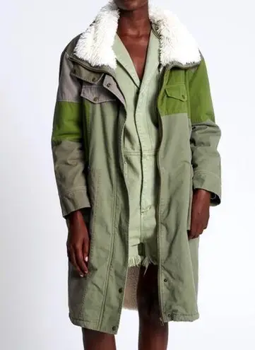 One Teaspoon Green Patchwork Twill Utility Defender Sherpa Fur Lined Coat Small