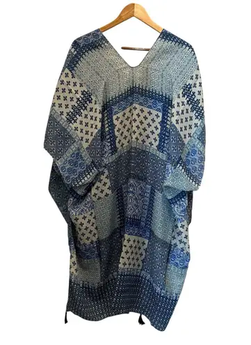 Womens Patchwork Print Shawl Kimono Blue White One Size Tassels Western Boho