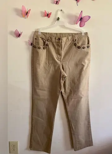 Ruby Rd . Tan Khaki Jeans w Boho Detailing on Pockets Size 12